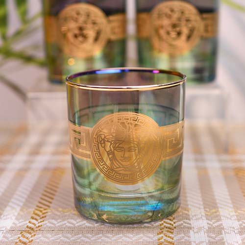 PREMIUM BRAND | Whiskey glass | Green Tinted | Gold lined and printed | Set of 6 